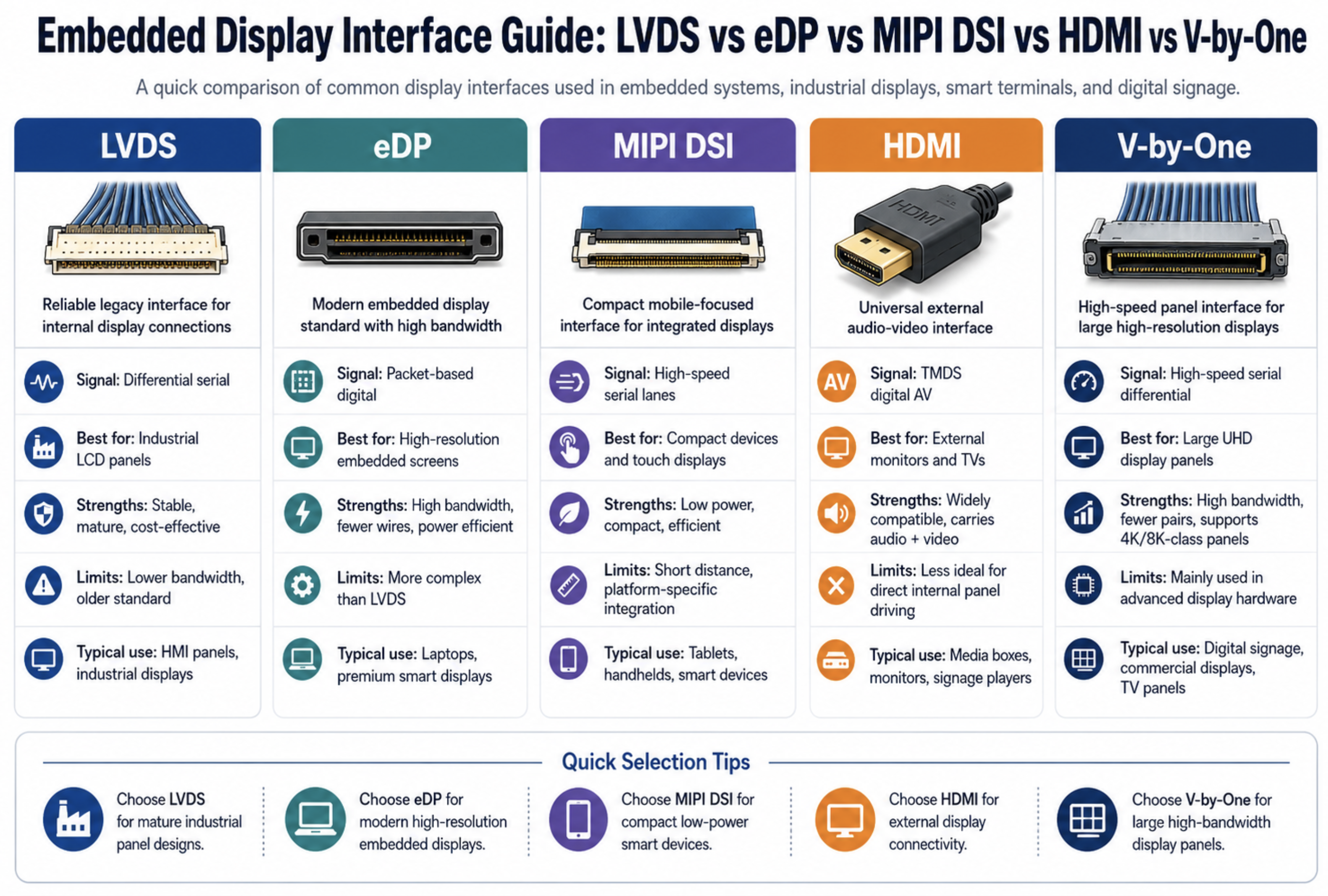 Embedded Display Interface Guide: LVDS vs eDP vs MIPI DSI vs HDMI vs V-by-One