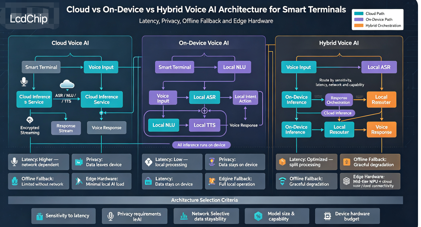 Cloud vs On-Device vs Hybrid Voice AI Architecture for Smart Terminals: Latency, Privacy, Offline Fallback and Edge Hardware
