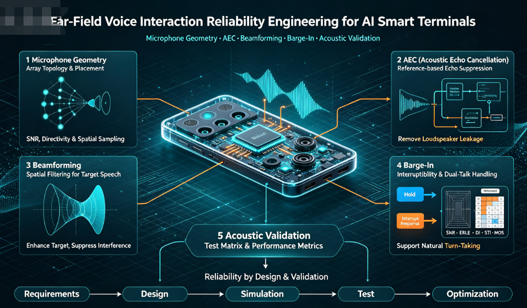Far-Field Voice Interaction Reliability Engineering for AI Smart Terminals: Microphone Geometry, AEC, Beamforming, Barge-In and Acoustic Validation